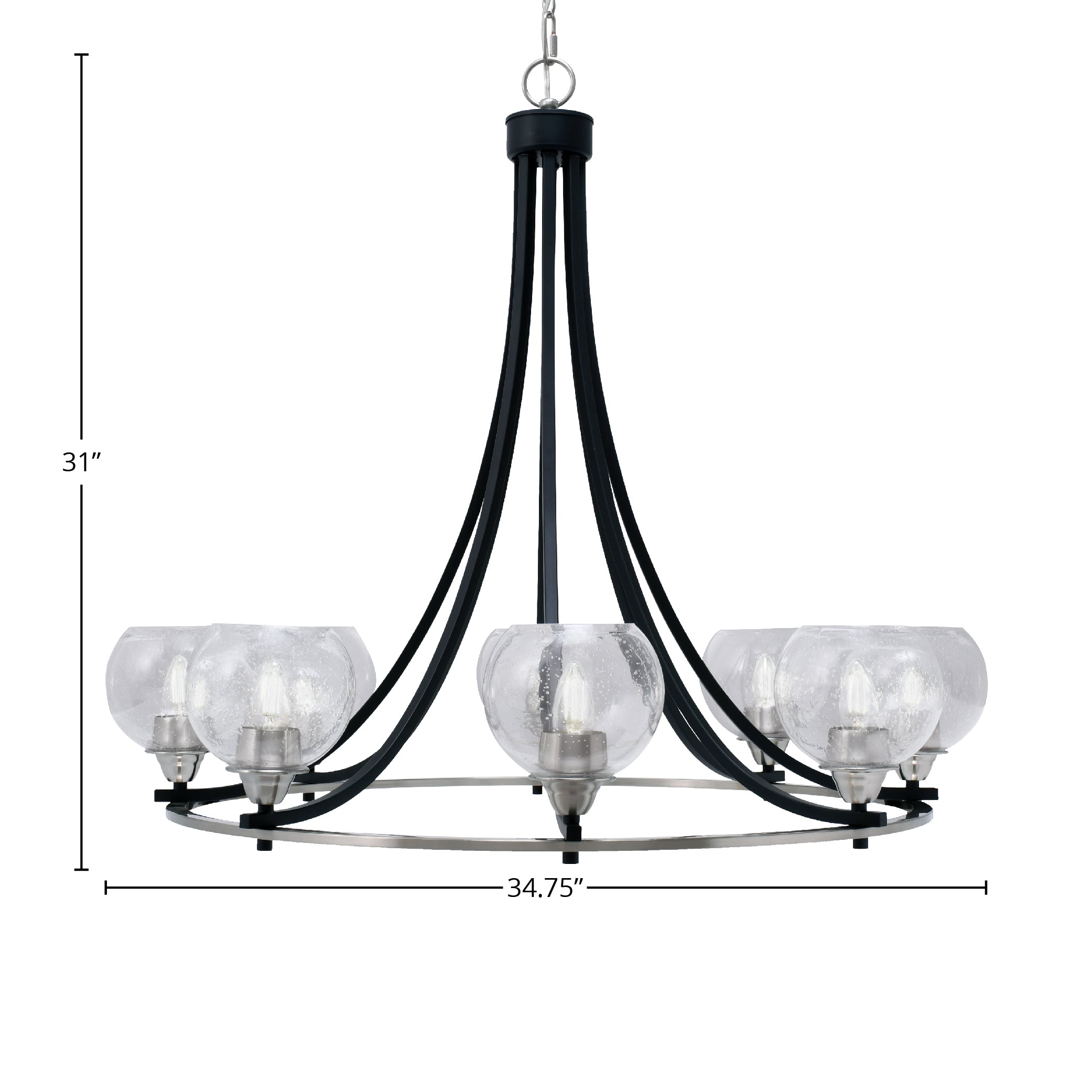 Paramount Eight Light Chandelier in Matte Black & Brushed Nickel with 5.75" Clear Bubble Shade