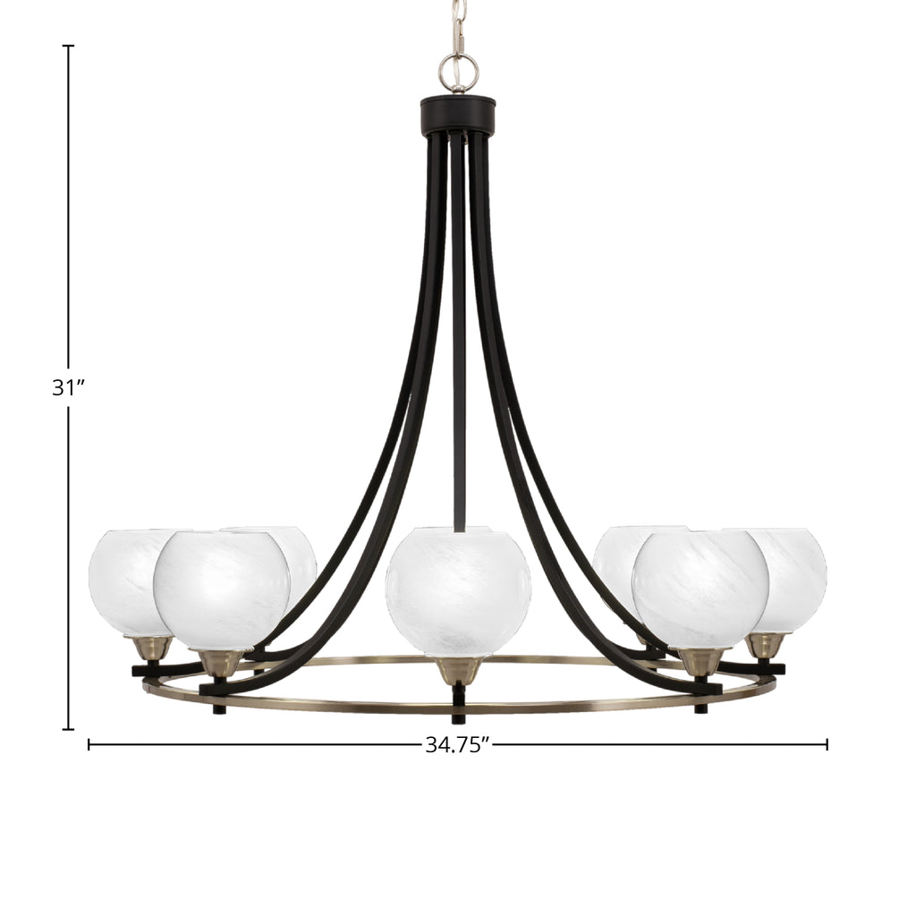 Paramount Eight Light Chandelier in Matte Black & Brushed Nickel with 5.75" White Marble Shade