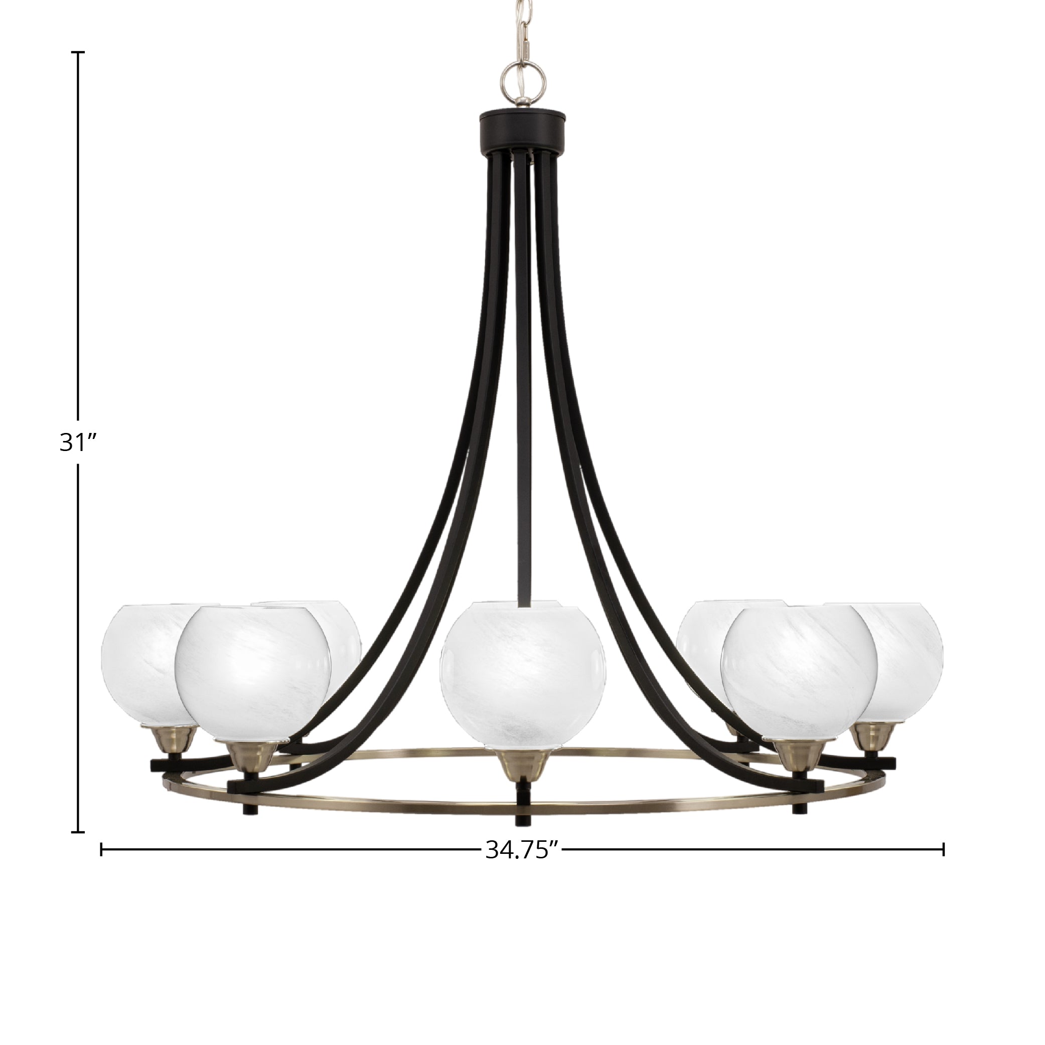 Paramount Eight Light Chandelier in Matte Black & Brushed Nickel with 5.75" White Marble Shade