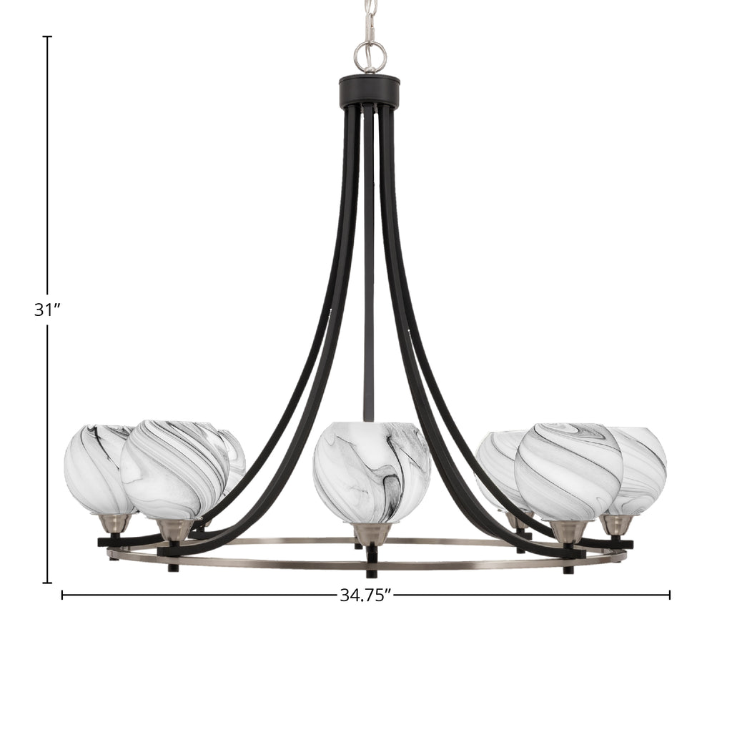 Paramount Eight Light Chandelier in Matte Black & Brushed Nickel with 5.75" Onyx Swirl Shade