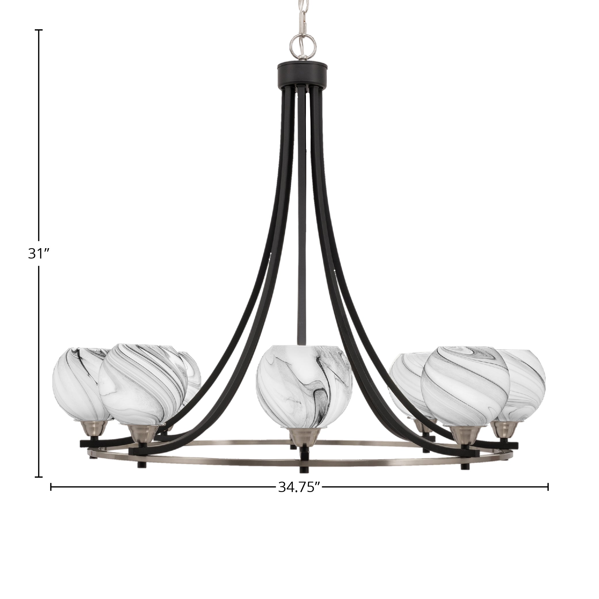 Paramount Eight Light Chandelier in Matte Black & Brushed Nickel with 5.75" Onyx Swirl Shade