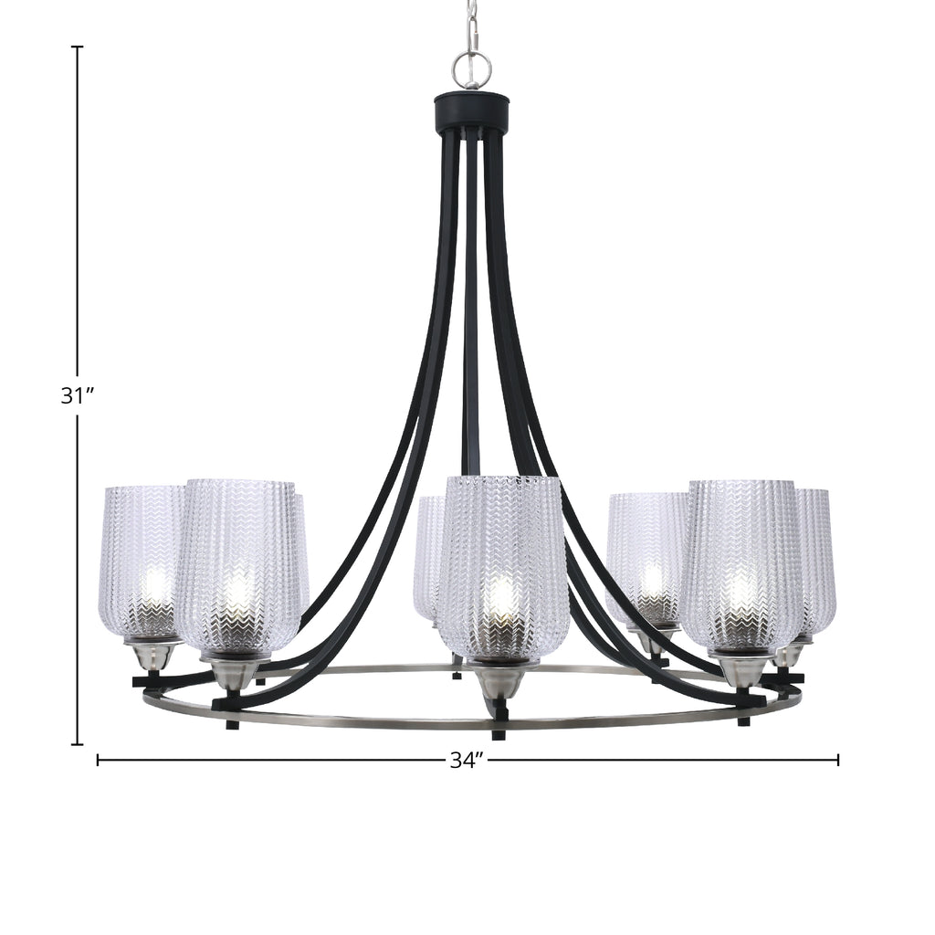 Paramount Eight Light Chandelier in Matte Black & Brushed Nickel with 5" Clear Textured Shade