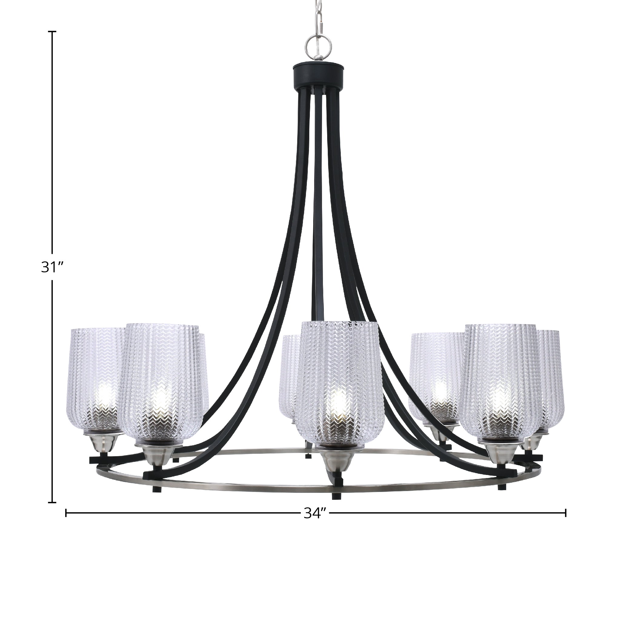 Paramount Eight Light Chandelier in Matte Black & Brushed Nickel with 5" Clear Textured Shade