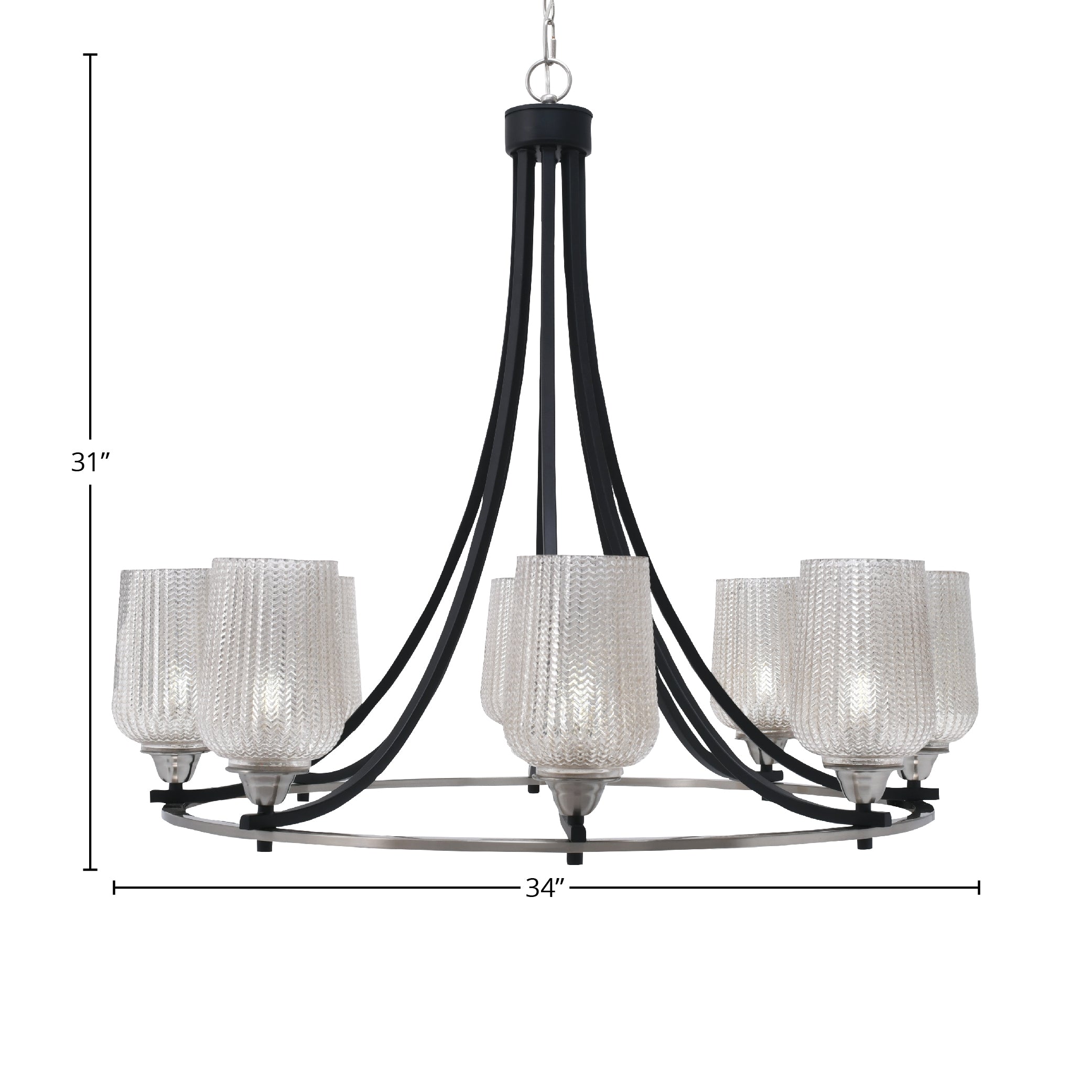 Paramount Eight Light Chandelier in Matte Black & Brushed Nickel with 5" Silver Textured Shade