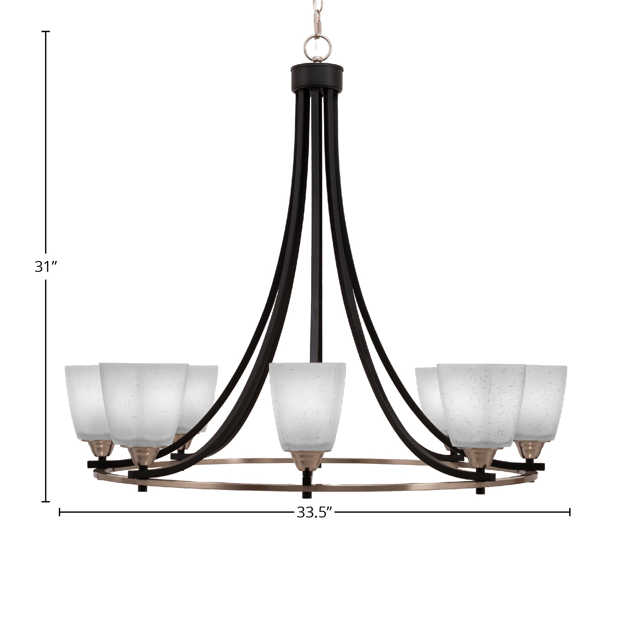 Paramount Eight Light Chandelier in Matte Black & Brushed Nickel with 4.5" Square White Muslin Shade