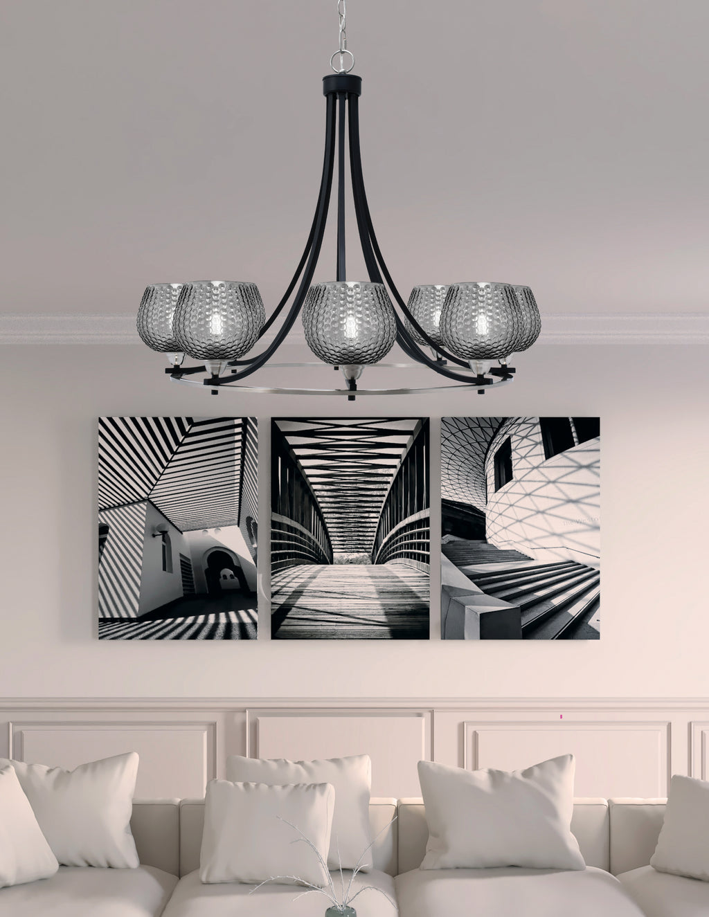 Paramount Eight Light Chandelier in Matte Black & Brushed Nickel with Smoke Textured Shade