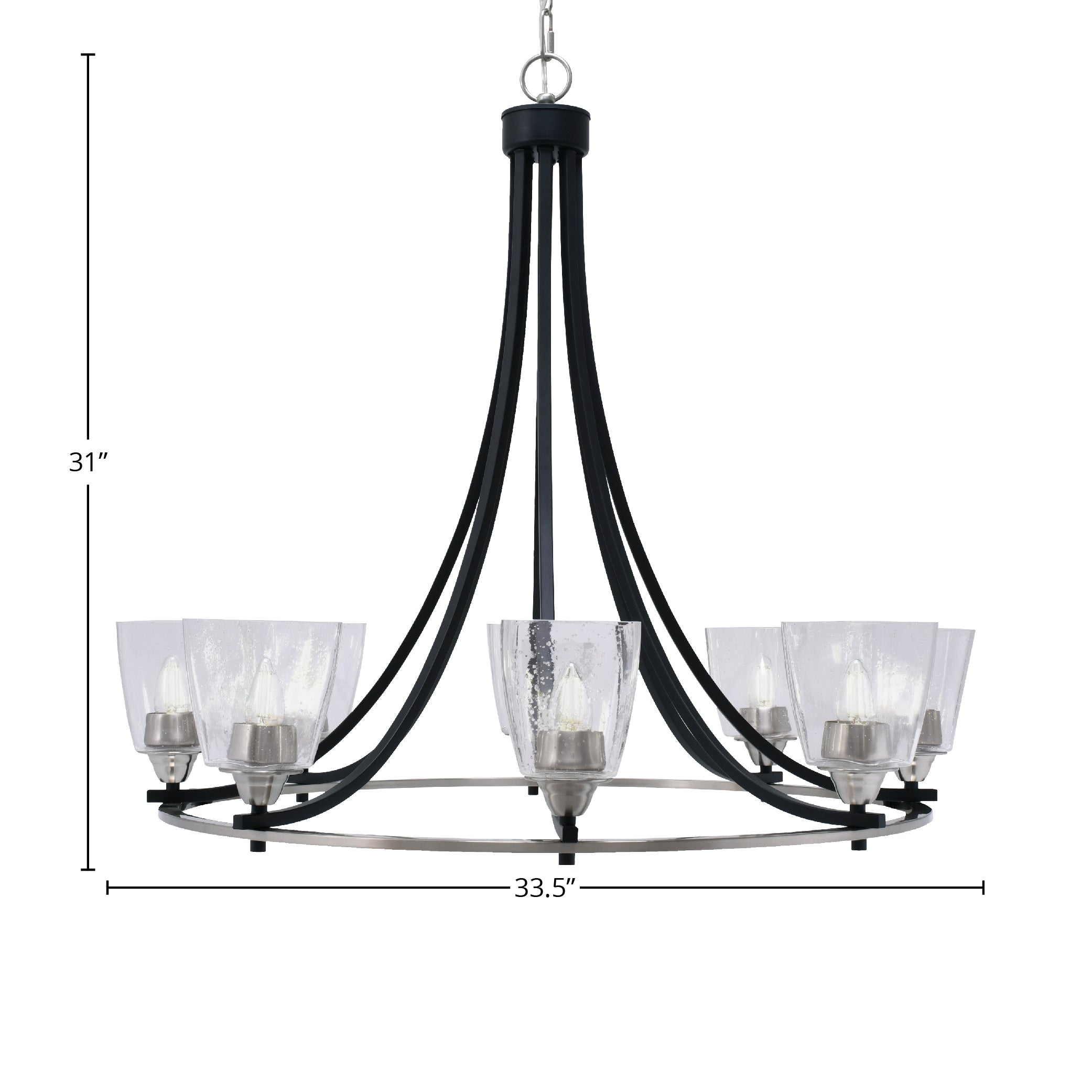 Paramount Eight Light Chandelier in Matte Black & Brushed Nickel with 4.5" Square Clear Bubble Shade