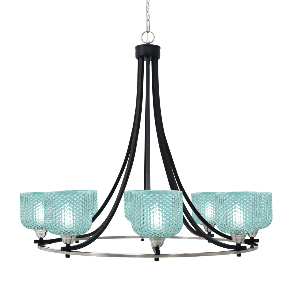 Paramount Eight Light Chandelier in Matte Black & Brushed Nickel with Turquoise Textured Shade