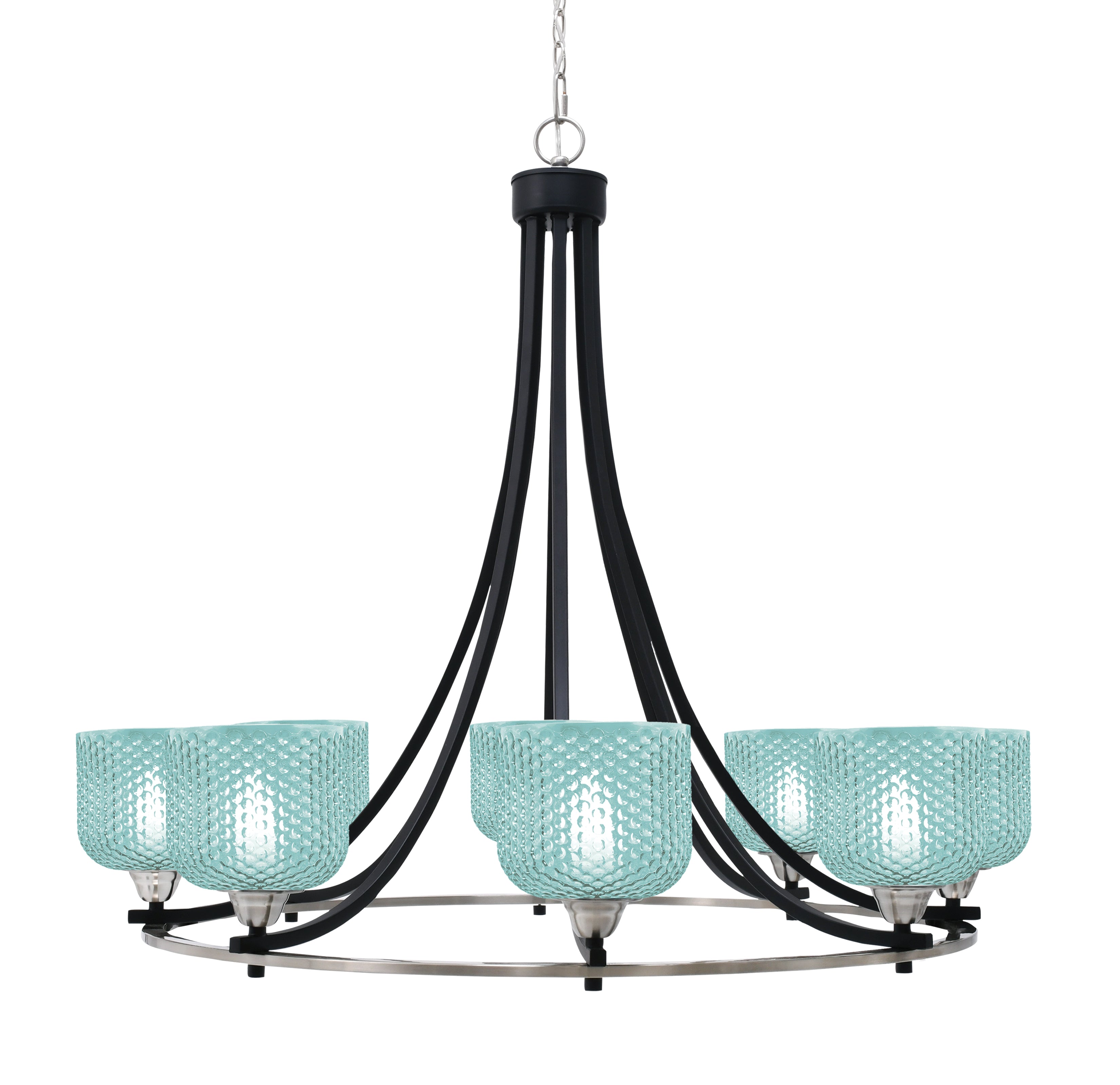 Paramount Eight Light Chandelier in Matte Black & Brushed Nickel with Turquoise Textured Shade