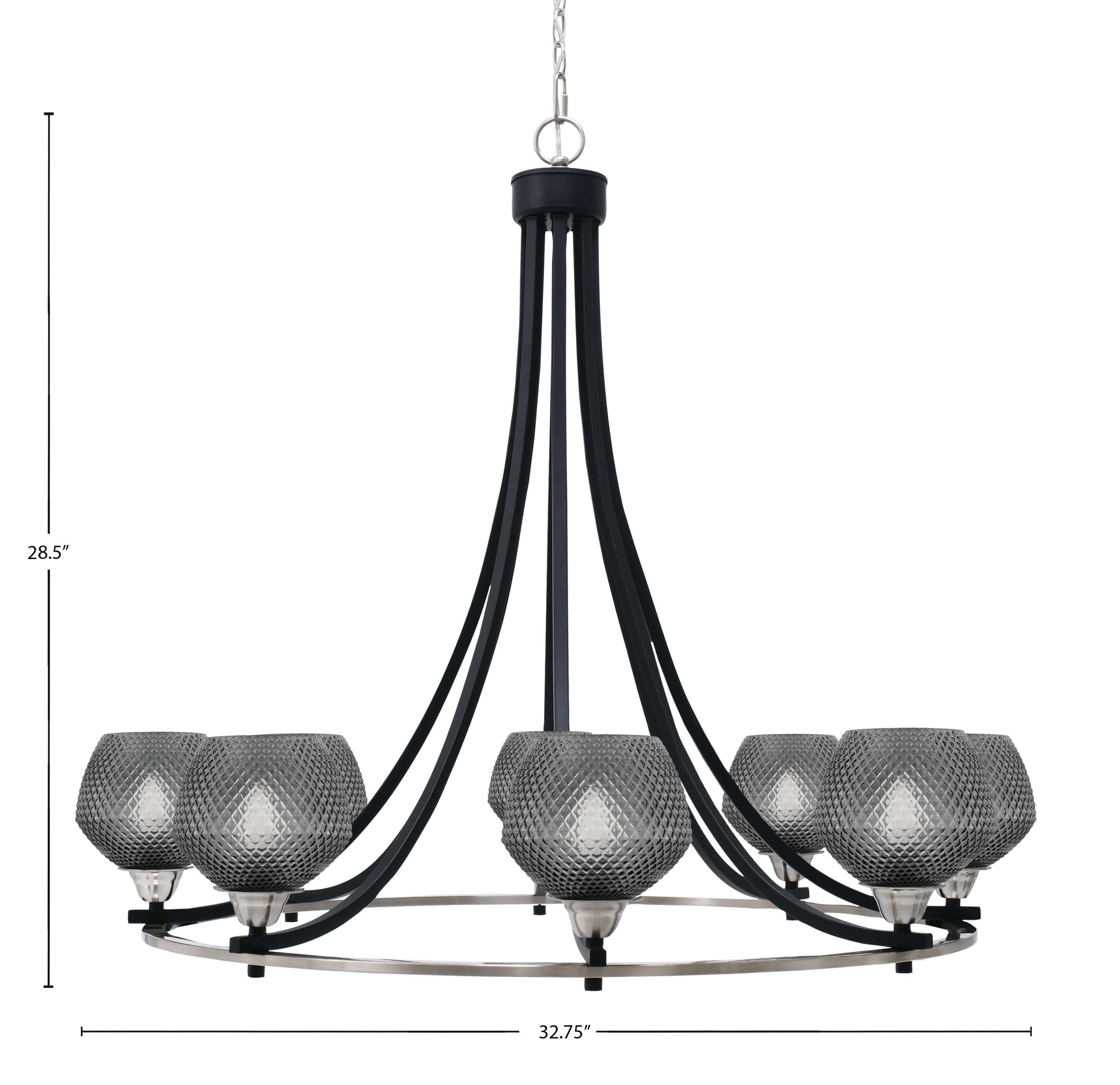 Paramount Eight Light Chandelier in Matte Black & Brushed Nickel with Smoke Textured Shade