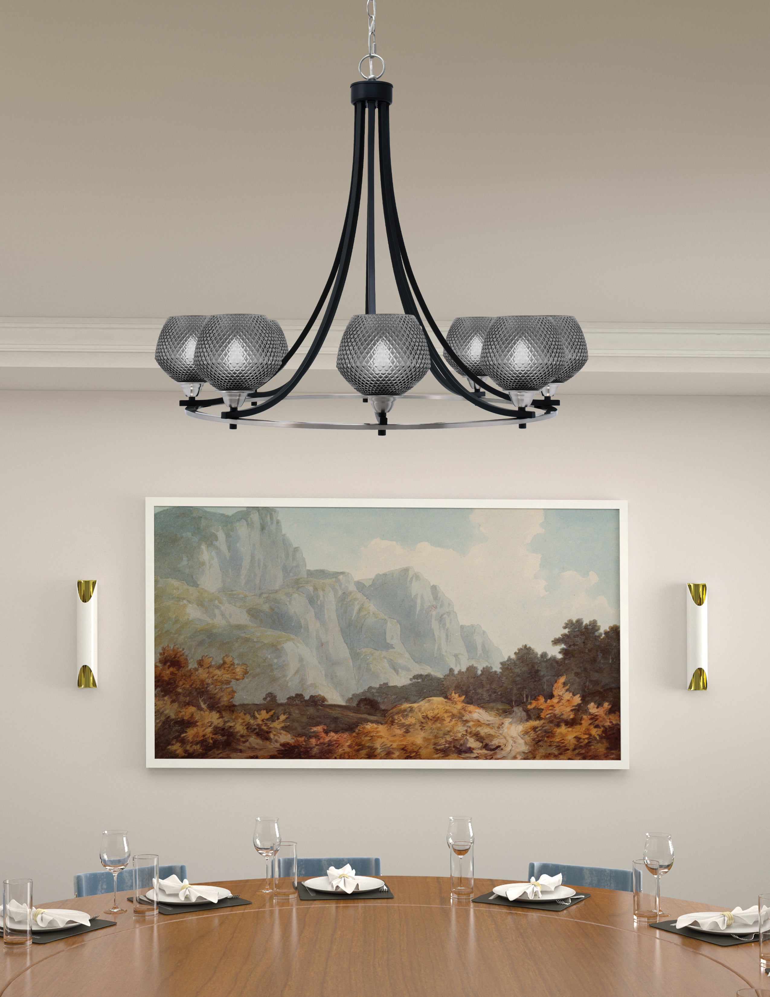 Paramount Eight Light Chandelier in Matte Black & Brushed Nickel with Smoke Textured Shade