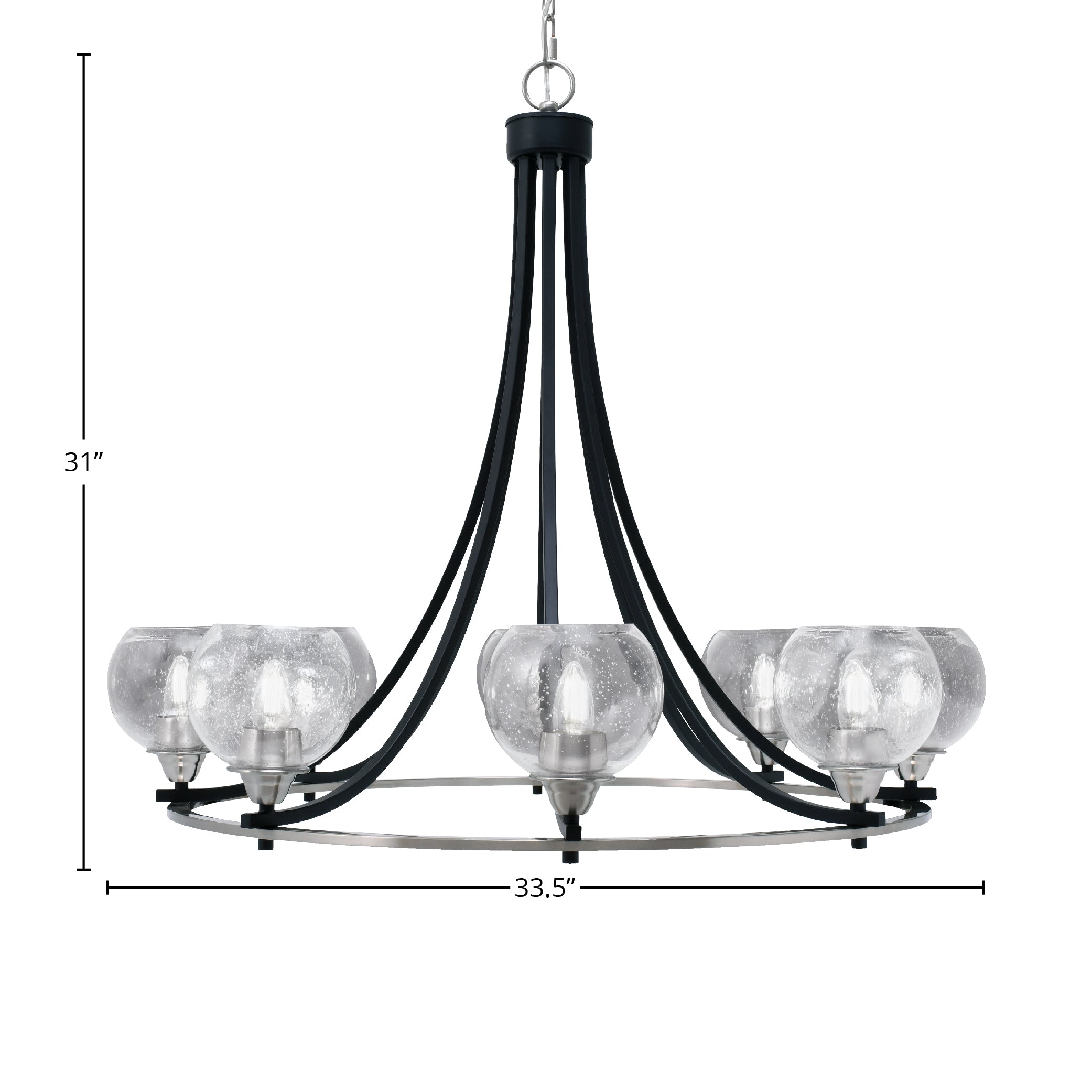 Paramount Eight Light Chandelier in Matte Black & Brushed Nickel with 6" Clear Bubble Shade