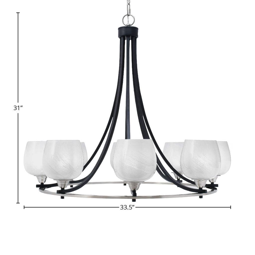 Paramount Eight Light Chandelier in Matte Black & Brushed Nickel with 6" White Marble Shade
