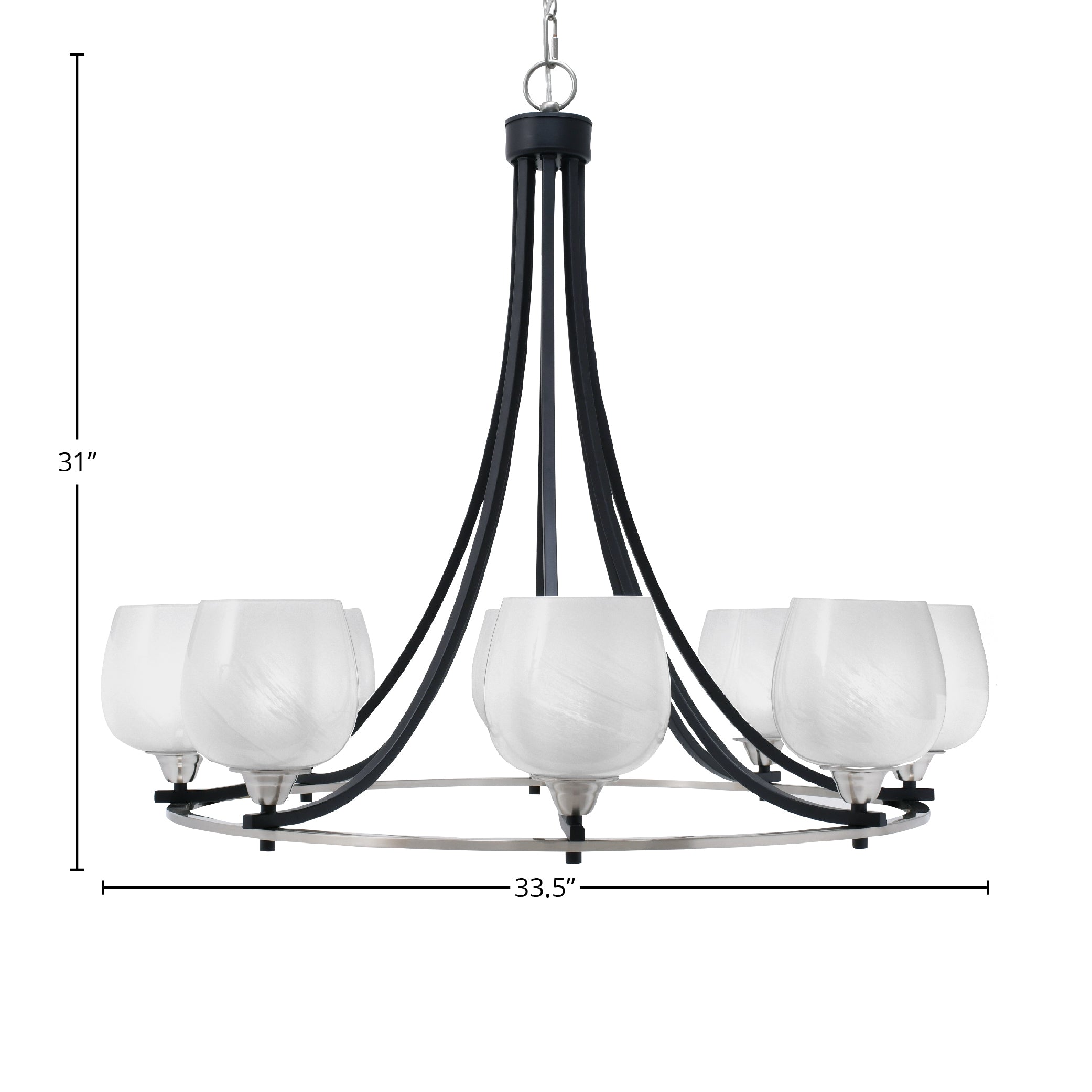Paramount Eight Light Chandelier in Matte Black & Brushed Nickel with 6" White Marble Shade