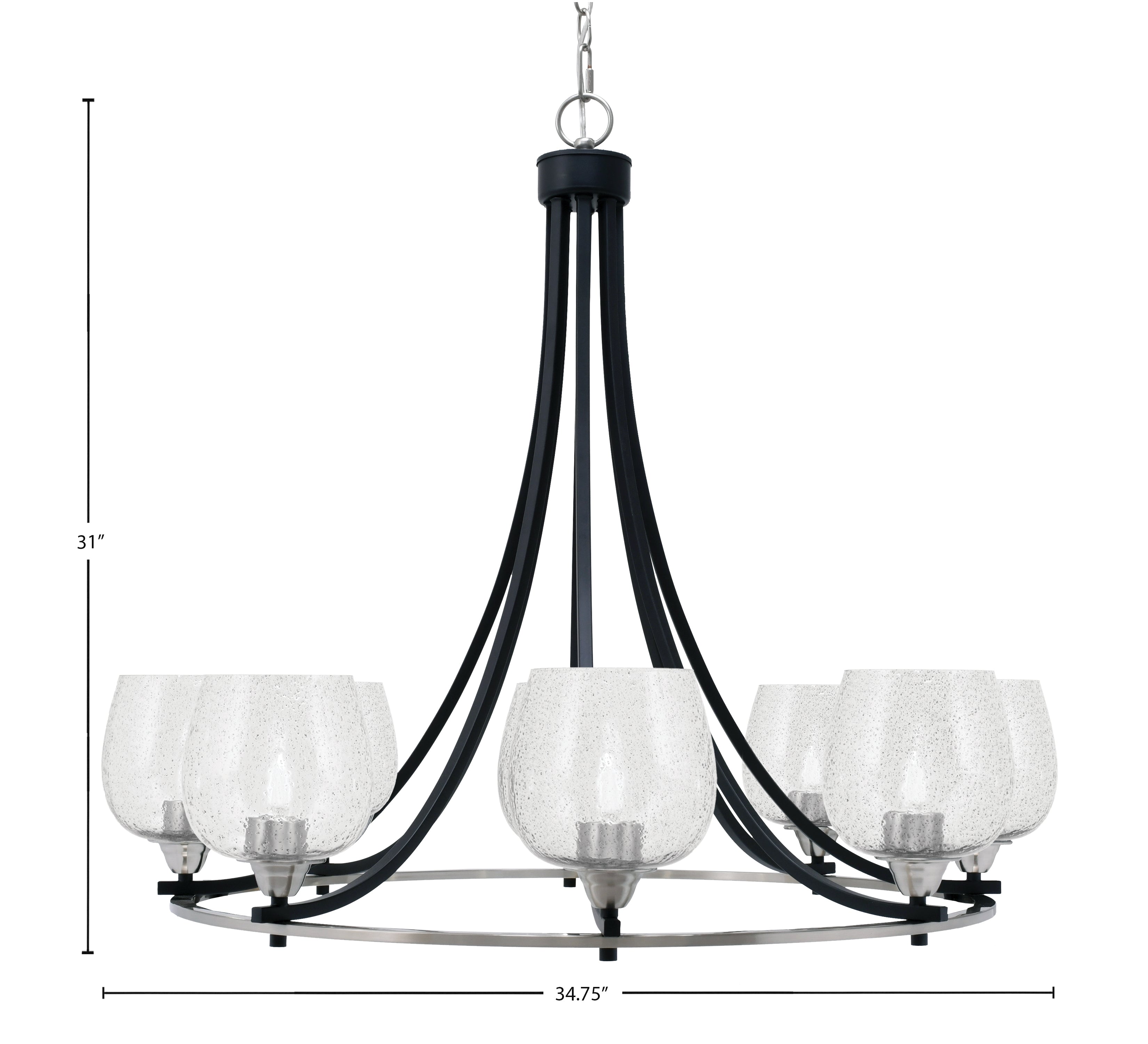 Paramount Eight Light Chandelier in Matte Black & Brushed Nickel with 6" Smoke Bubble Shade