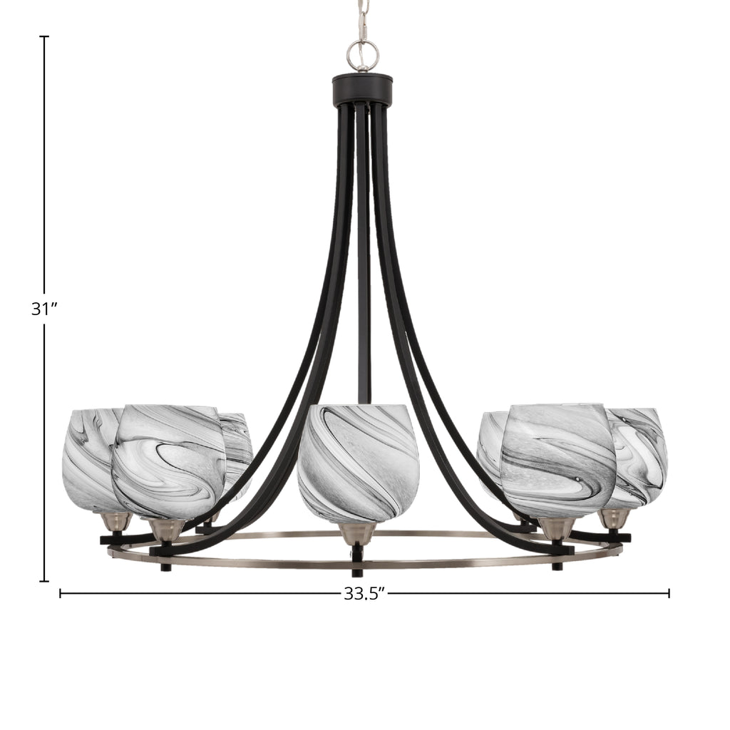 Paramount Eight Light Chandelier in Matte Black & Brushed Nickel with 6" Onyx Swirl Shade