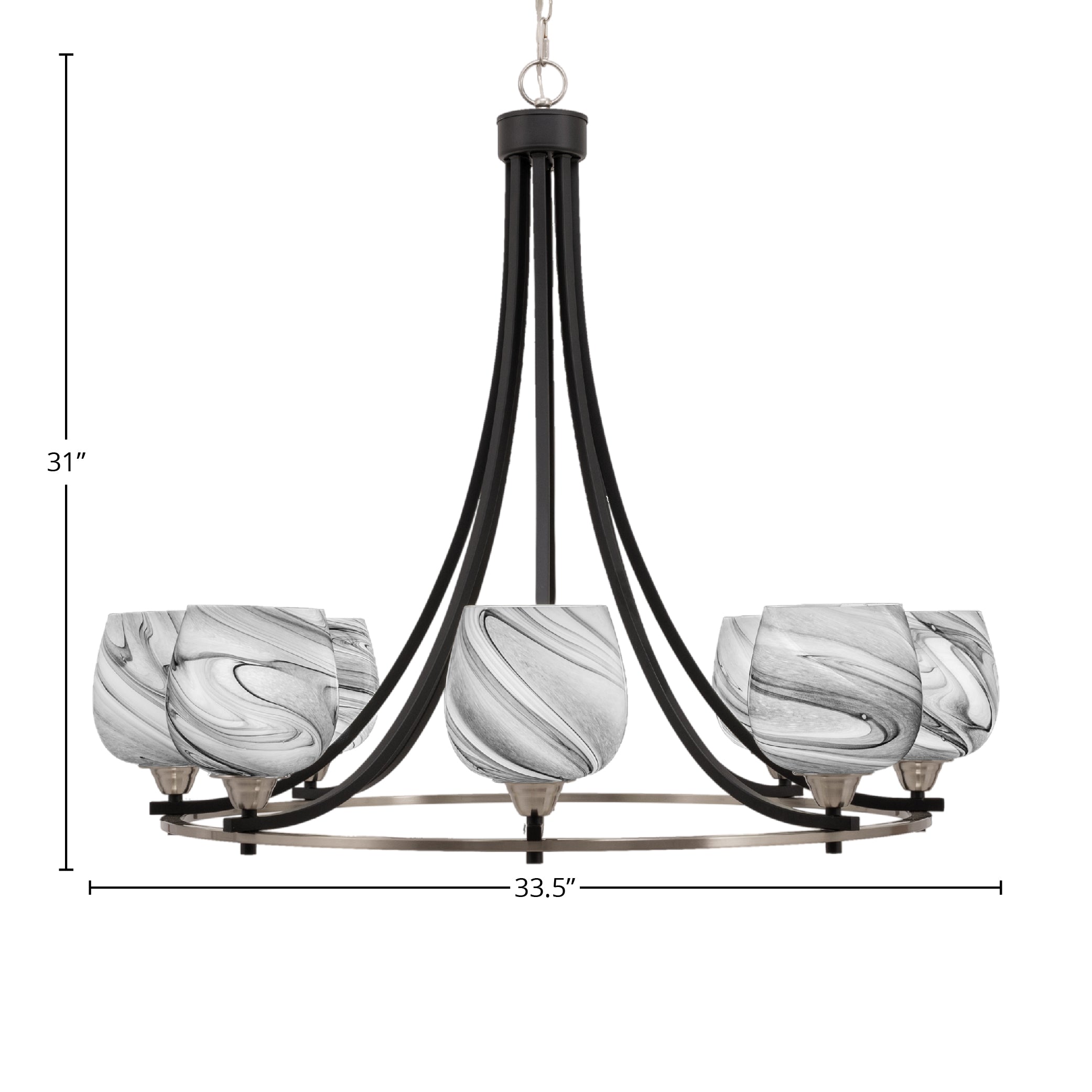 Paramount Eight Light Chandelier in Matte Black & Brushed Nickel with 6" Onyx Swirl Shade