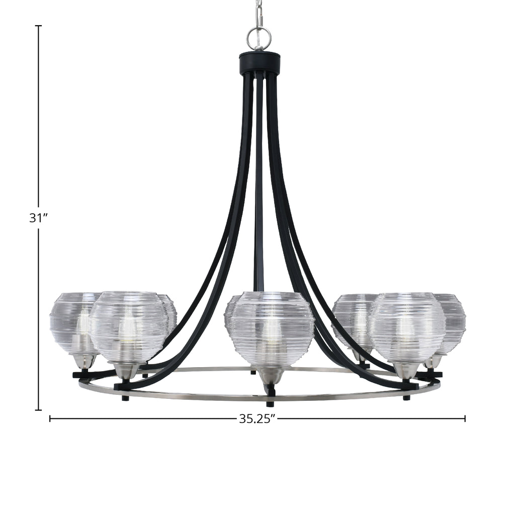 Paramount Eight Light Chandelier in Matte Black & Brushed Nickel with 6" Clear Ribbed Shade