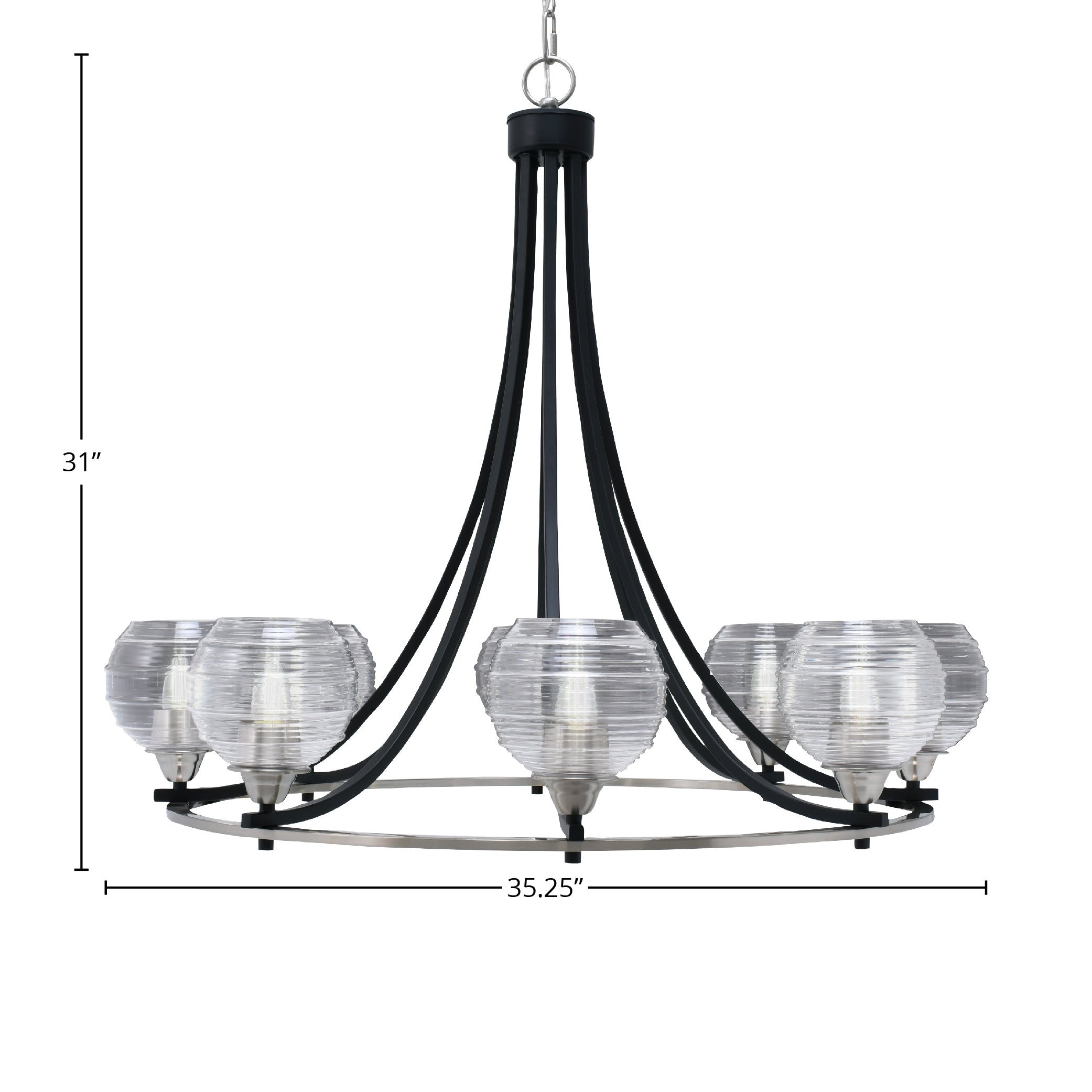 Paramount Eight Light Chandelier in Matte Black & Brushed Nickel with 6" Clear Ribbed Shade