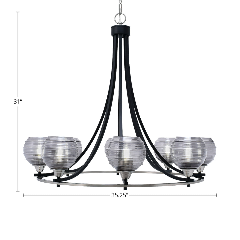 Paramount Eight Light Chandelier in Matte Black & Brushed Nickel with 6" Smoke Ribbed Shade