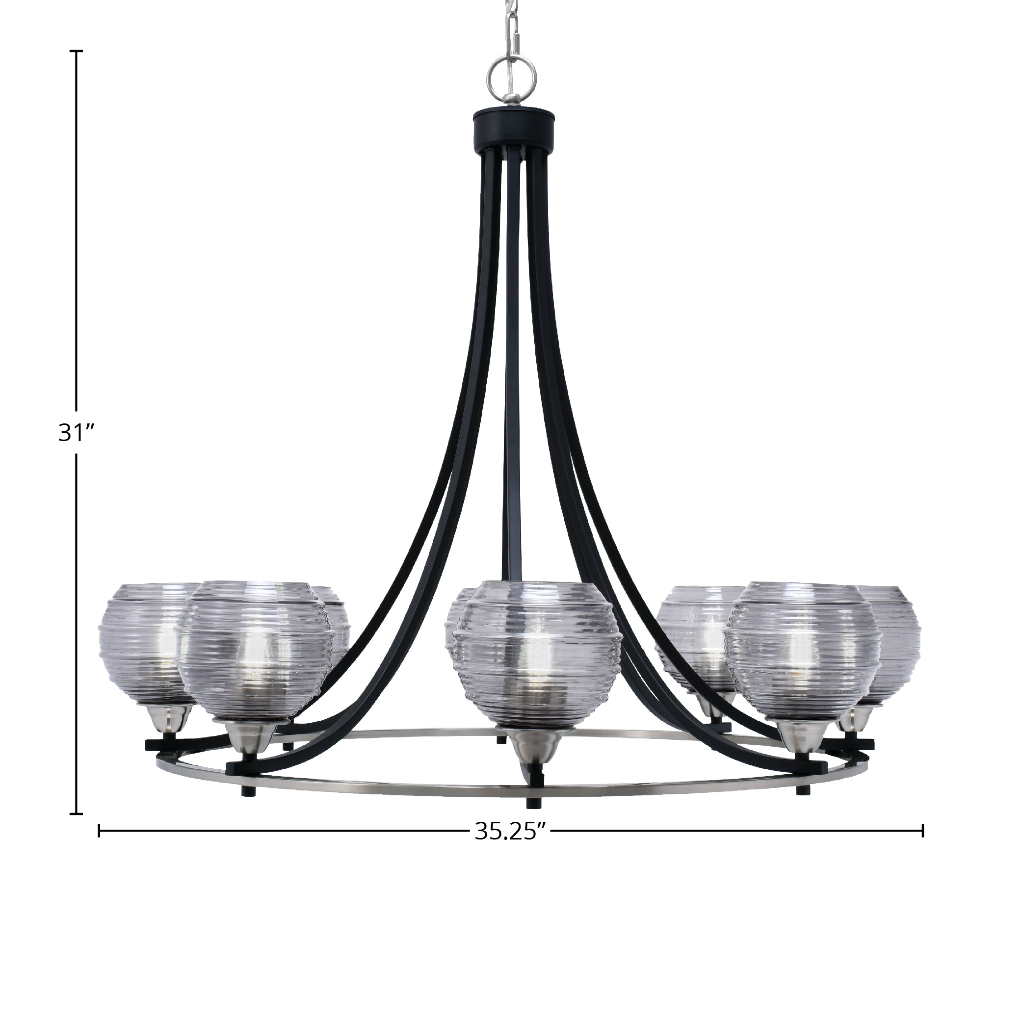 Paramount Eight Light Chandelier in Matte Black & Brushed Nickel with 6" Smoke Ribbed Shade