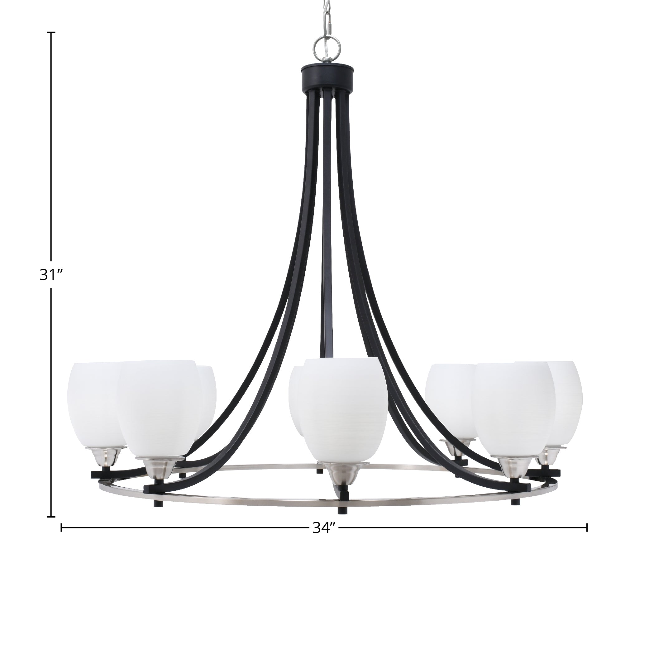 Paramount Eight Light Chandelier in Matte Black & Brushed Nickel with 5" White Linen Shade
