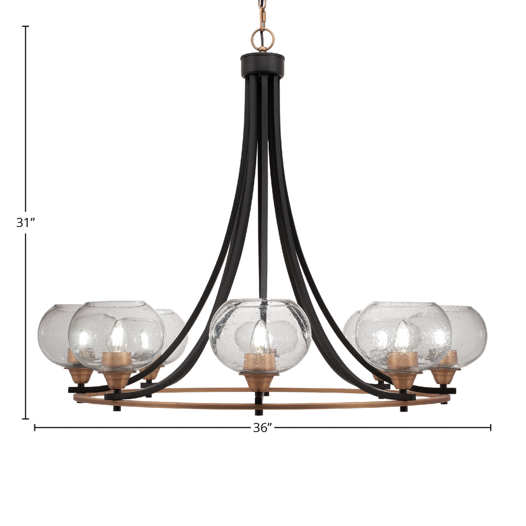 Paramount Eight Light Chandelier in Matte Black & Brass with 7" Clear Bubble Shade