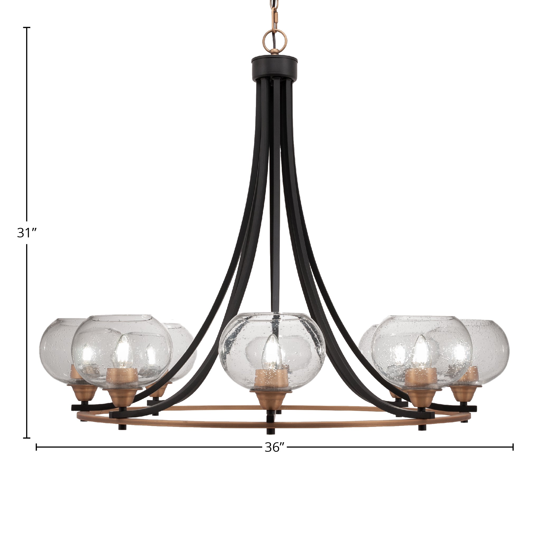 Paramount Eight Light Chandelier in Matte Black & Brass with 7" Clear Bubble Shade