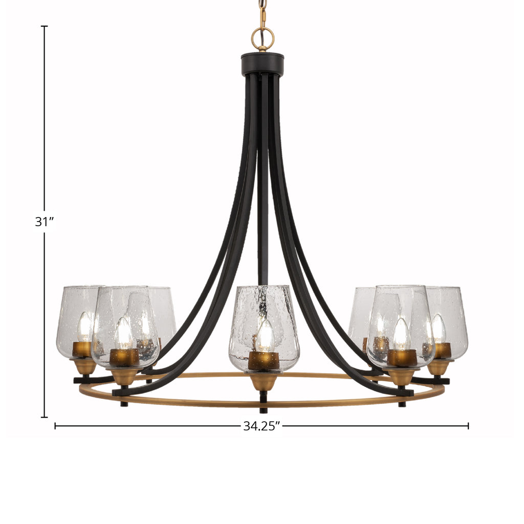 Paramount Eight Light Chandelier in Matte Black & Brass with 5" Clear Bubble Shade