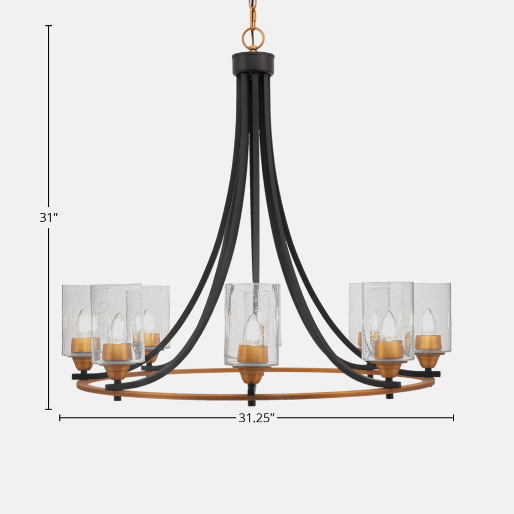 Paramount Eight Light Chandelier in Matte Black & Brass with 4" Clear Bubble Shade