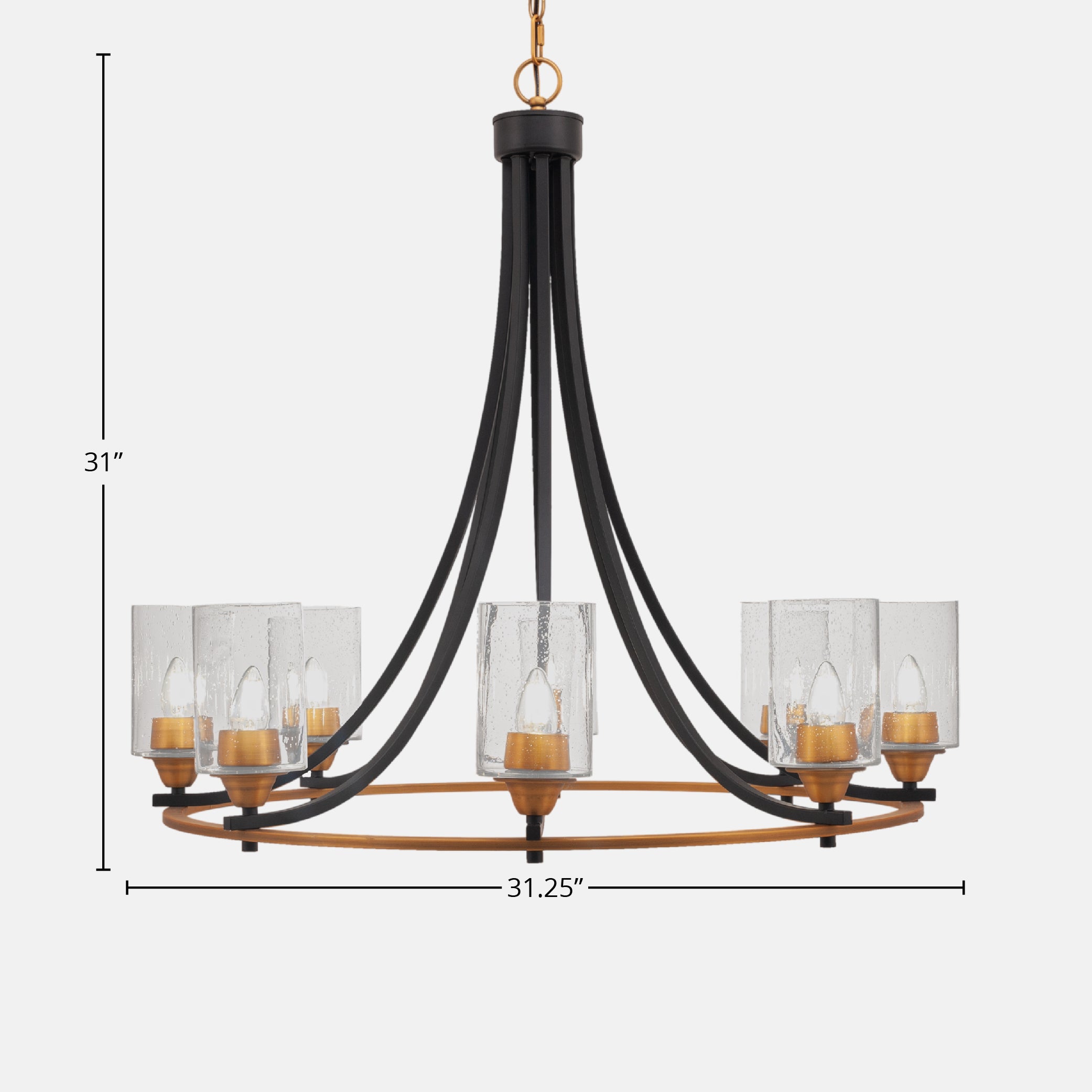 Paramount Eight Light Chandelier in Matte Black & Brass with 4" Clear Bubble Shade