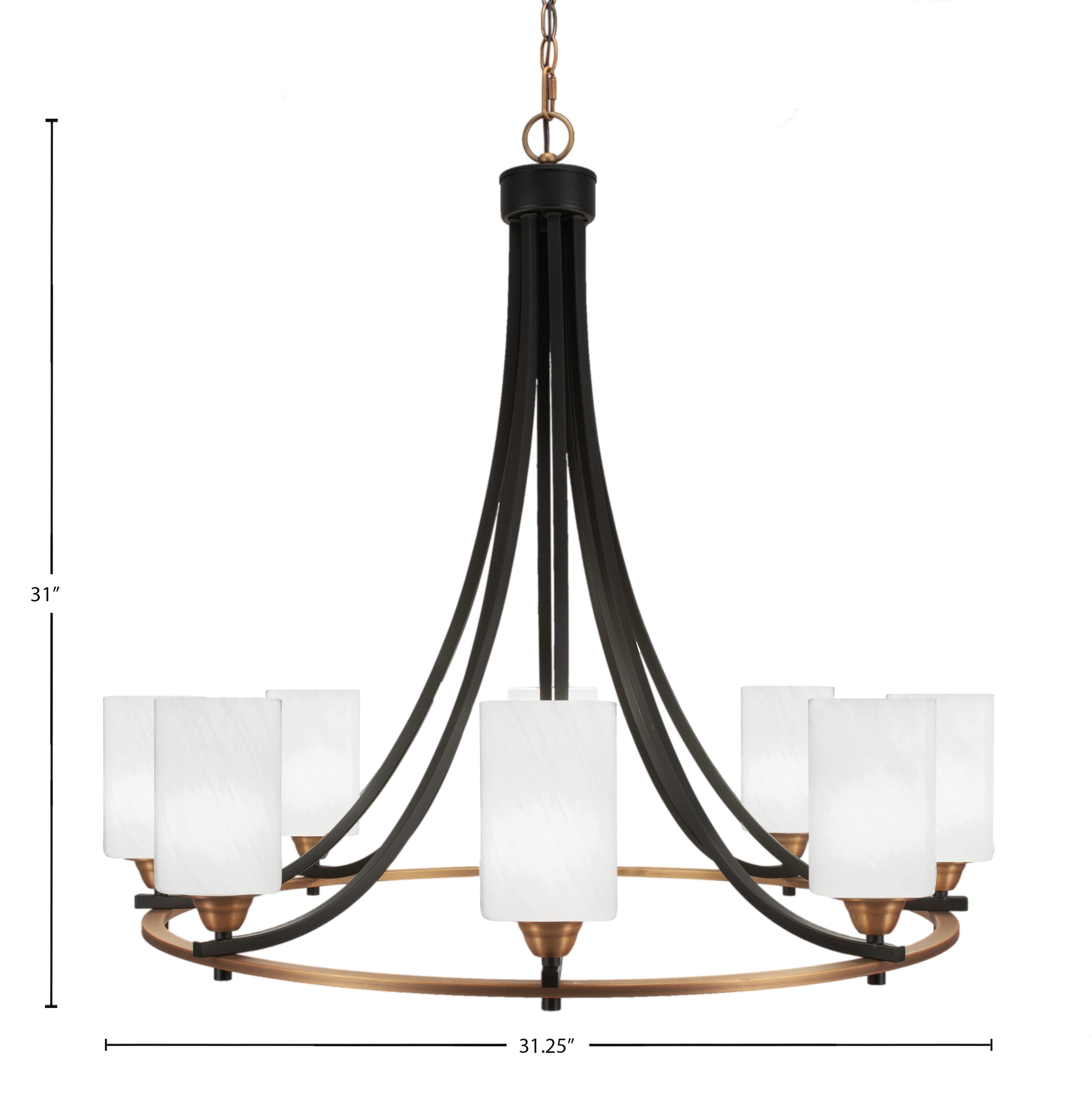 Paramount Eight Light Chandelier in Matte Black & Brass with 4" White Marble Shade