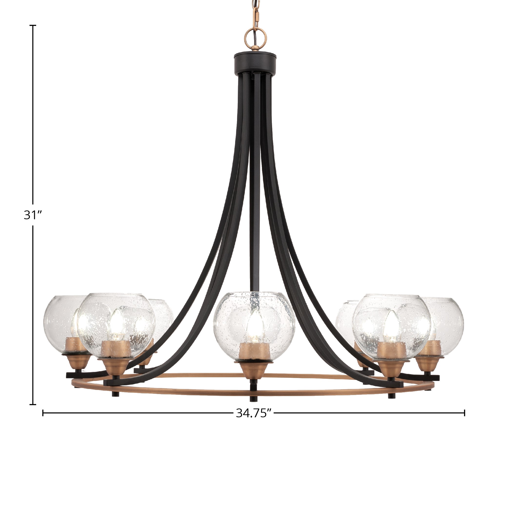 Paramount Eight Light Chandelier in Matte Black & Brass with 5.75" Clear Bubble Shade