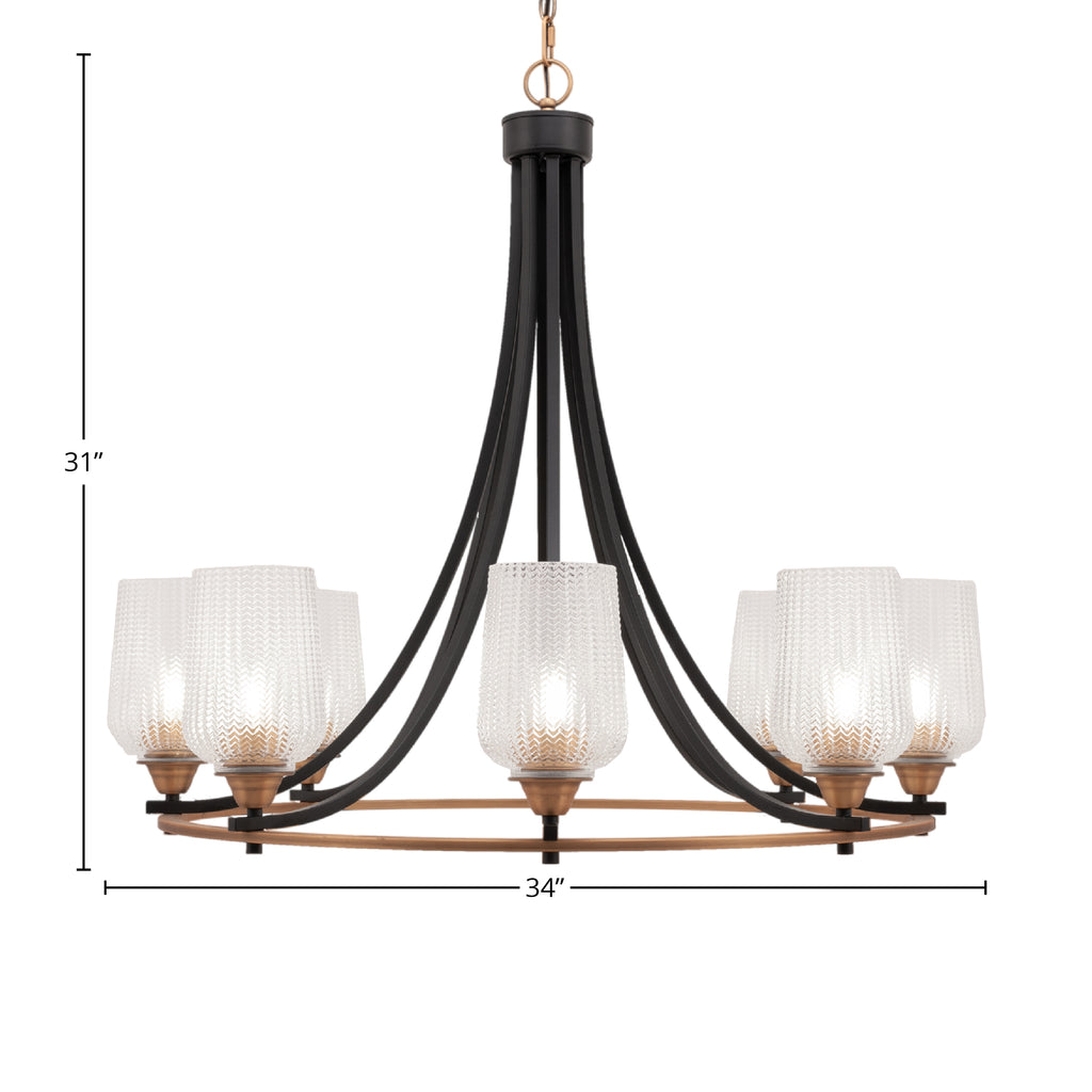 Paramount Eight Light Chandelier in Matte Black & Brass with 5" Clear Textured Shade