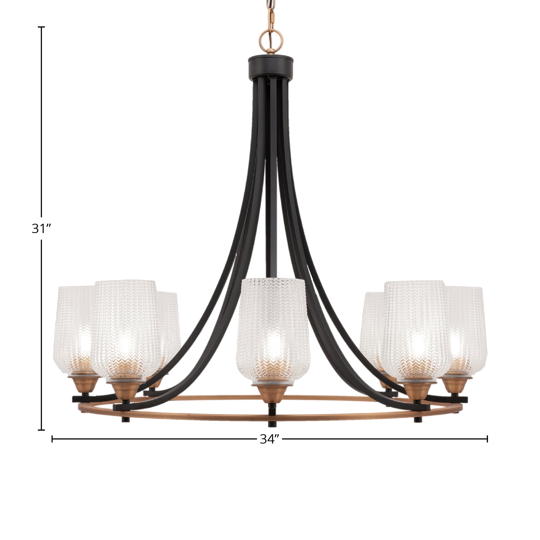 Paramount Eight Light Chandelier in Matte Black & Brass with 5" Clear Textured Shade