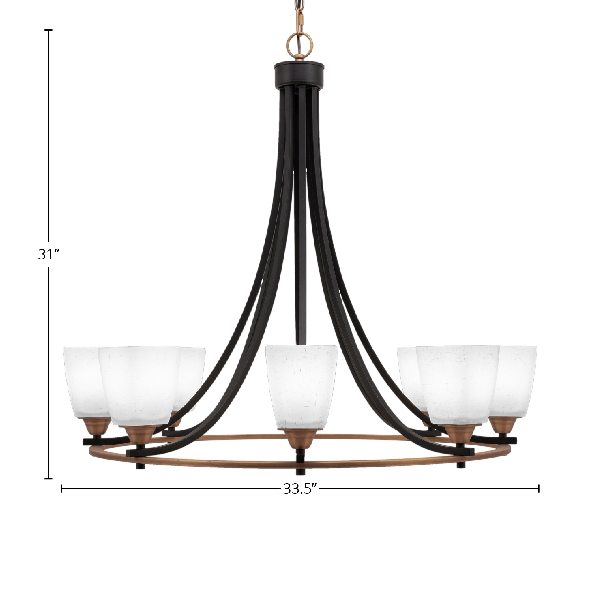 Paramount Eight Light Chandelier in Matte Black & Brass with 4.5" Square White Muslin Shade