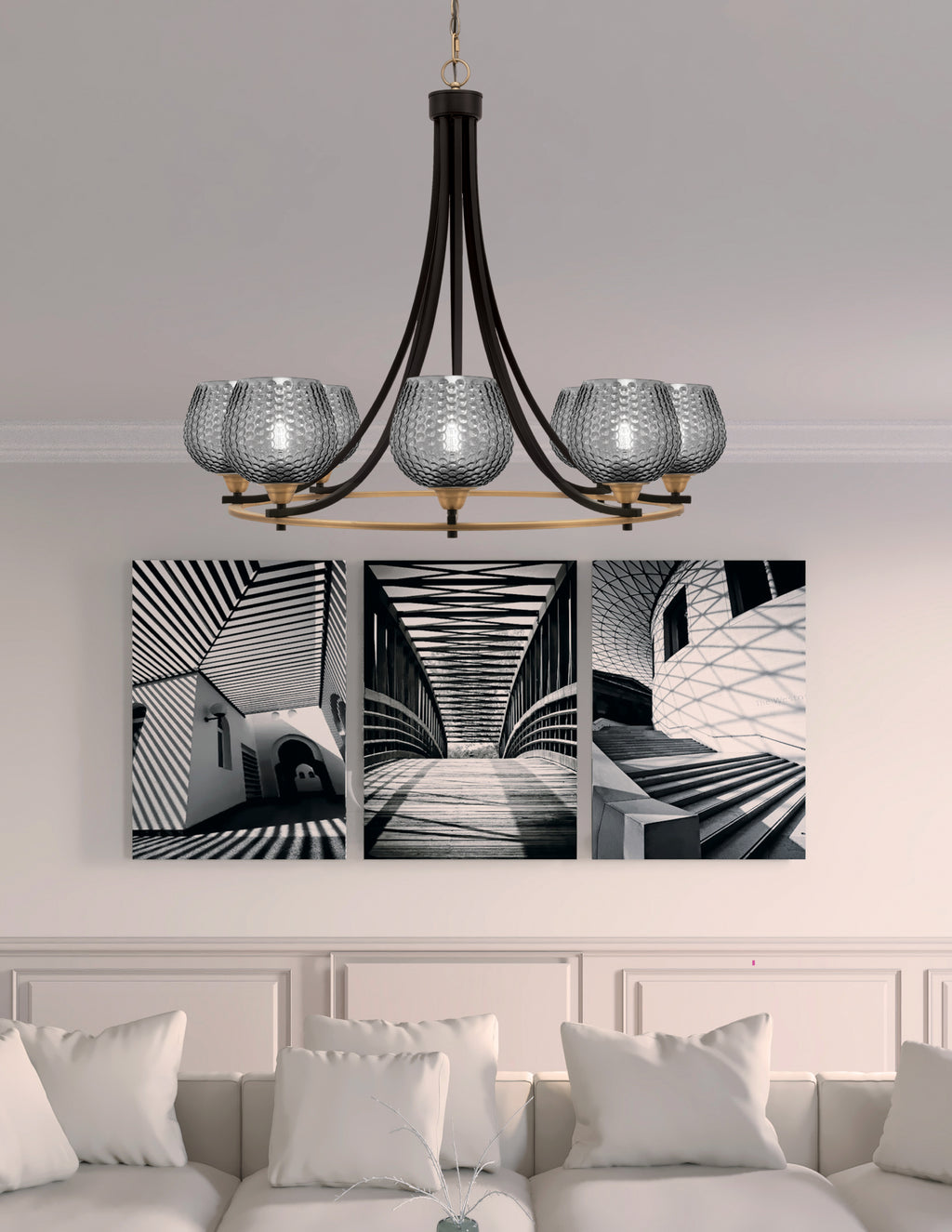Paramount Eight Light Chandelier in Matte Black & Brass with Smoke Textured Shade