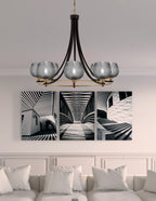Paramount Eight Light Chandelier in Matte Black & Brass with Smoke Textured Shade