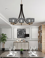 Paramount Eight Light Chandelier in Matte Black & Brass with Smoke Textured Shade