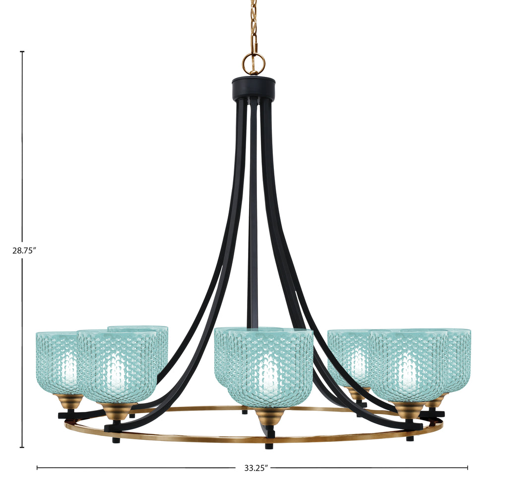 Paramount Eight Light Chandelier in Matte Black & Brass with Turquoise Textured Shade