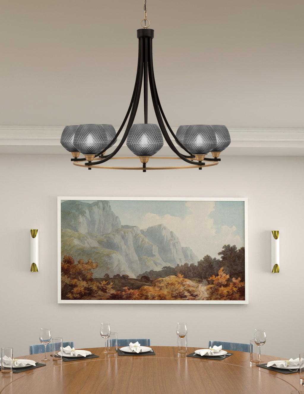 Paramount Eight Light Chandelier in Matte Black & Brass with Smoke Textured Shade