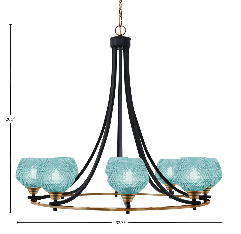 Paramount Eight Light Chandelier in Matte Black & Brass with Turquoise Textured Shade