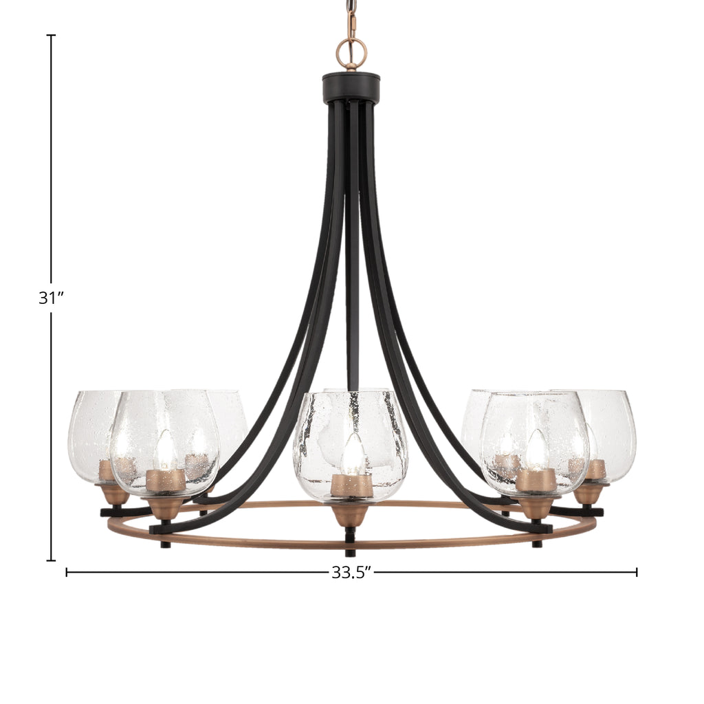 Paramount Eight Light Chandelier in Matte Black & Brass with 6" Clear Bubble Shade