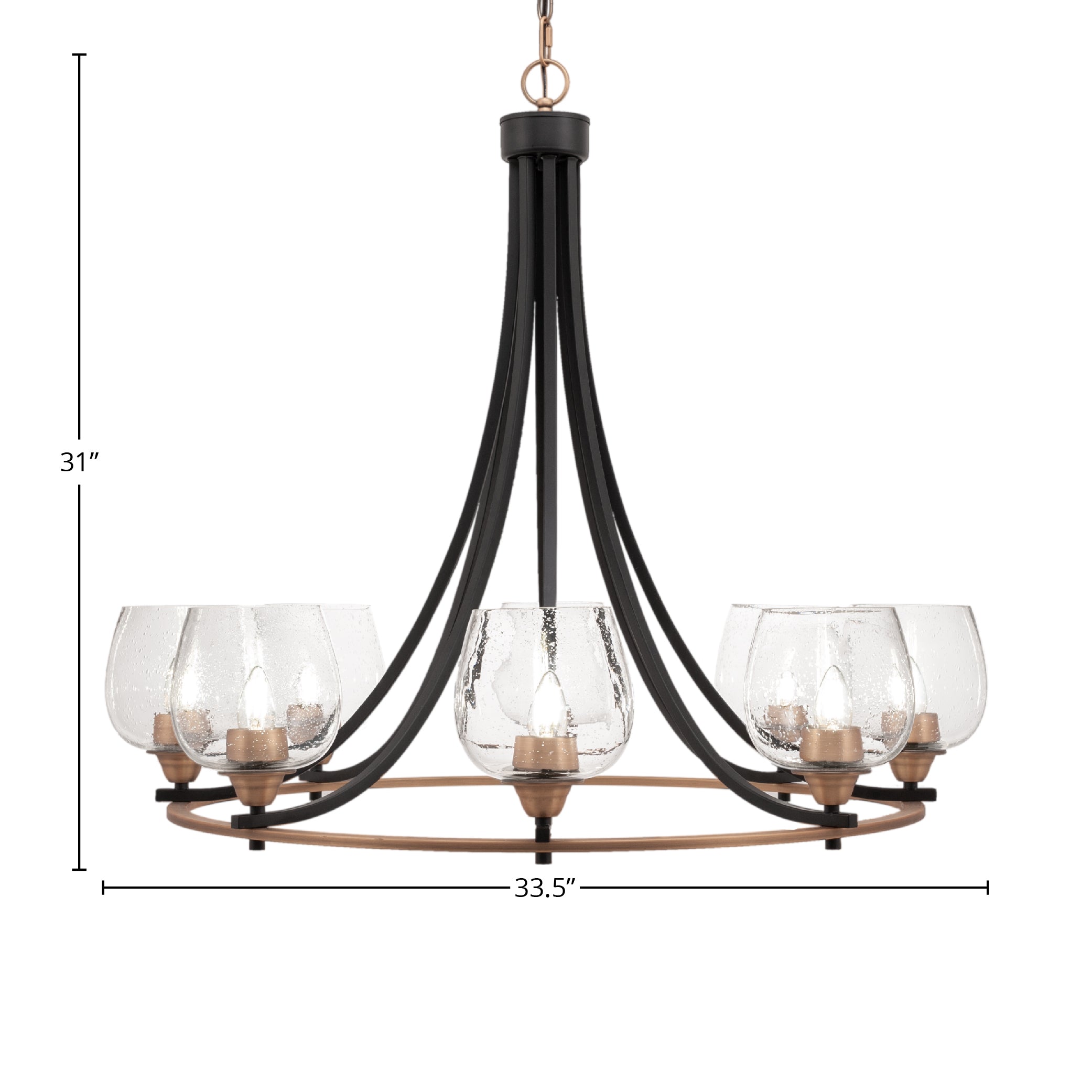 Paramount Eight Light Chandelier in Matte Black & Brass with 6" Clear Bubble Shade