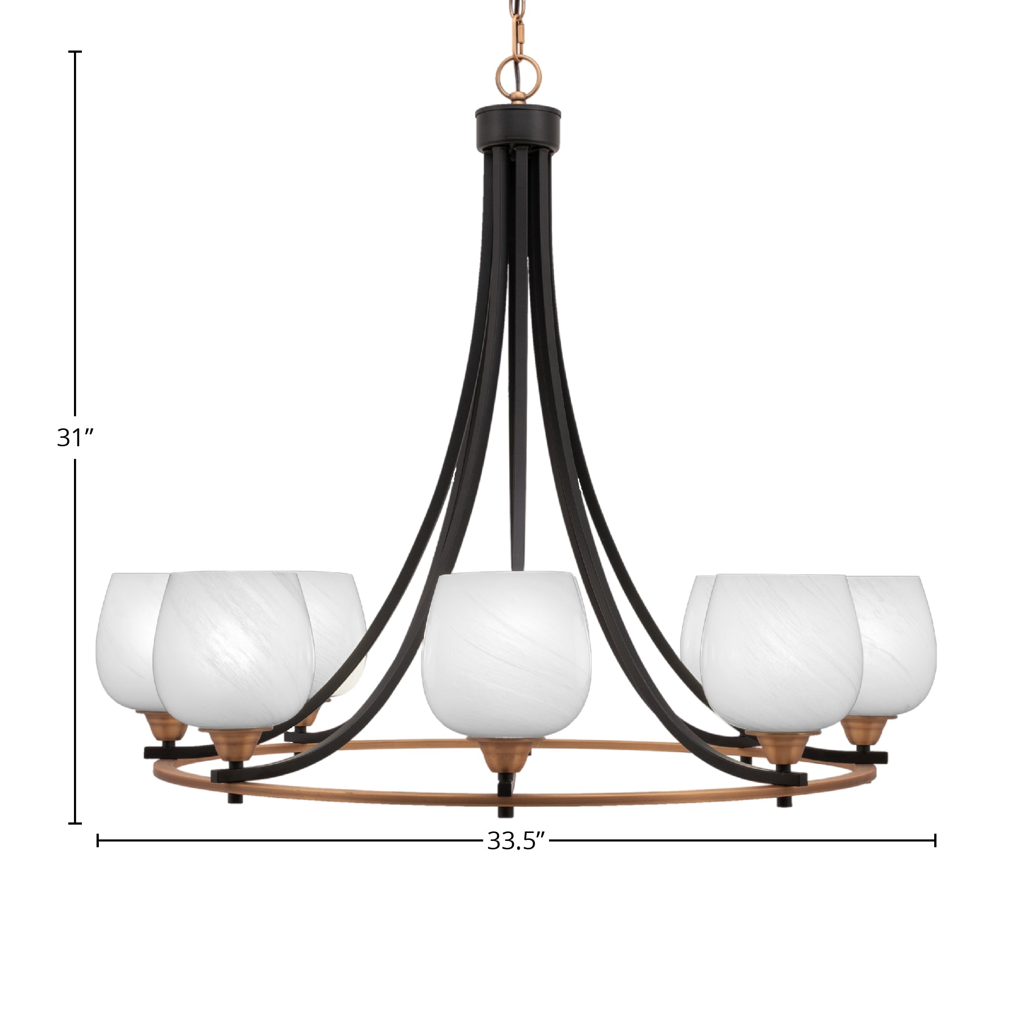 Paramount Eight Light Chandelier in Matte Black & Brass with 6" White Marble Shade