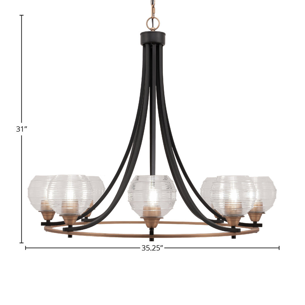 Paramount Eight Light Chandelier in Matte Black & Brass with 6" Clear Ribbed Shade