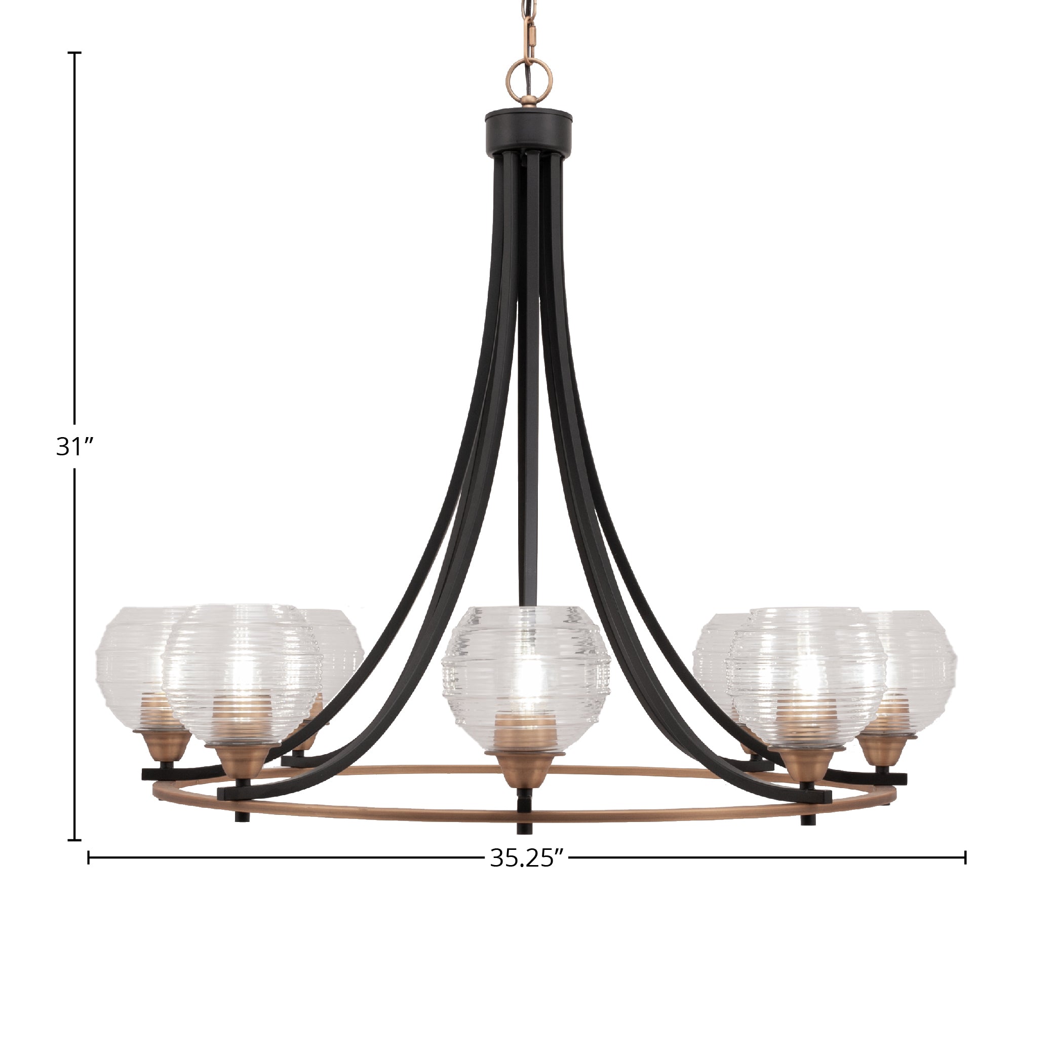 Paramount Eight Light Chandelier in Matte Black & Brass with 6" Clear Ribbed Shade