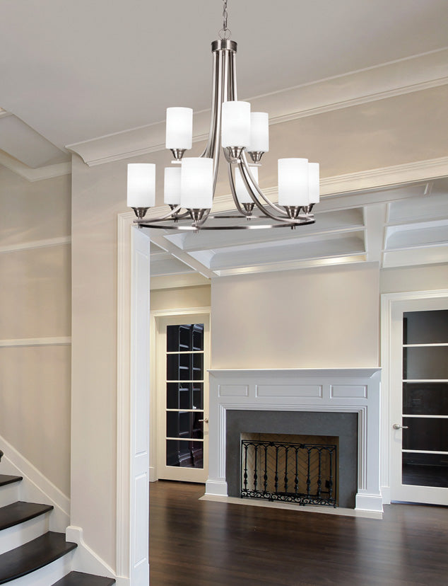 Paramount Nine Light Chandelier in Brushed Nickel with 4" White Matrix Shade