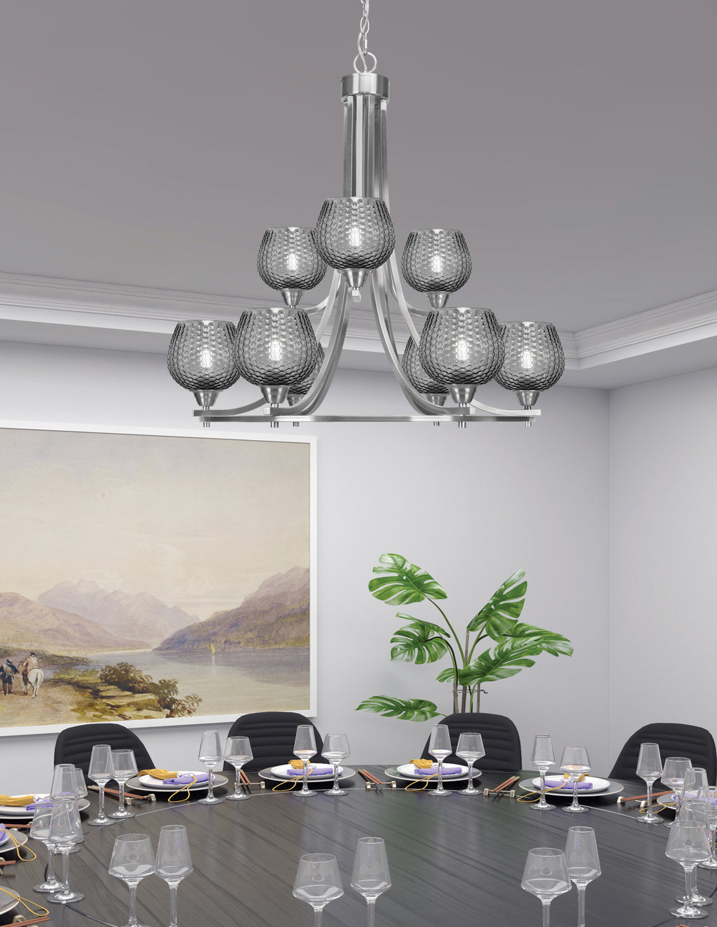 Paramount Nine Light Chandelier in Brushed Nickel with Smoke Textured Shade