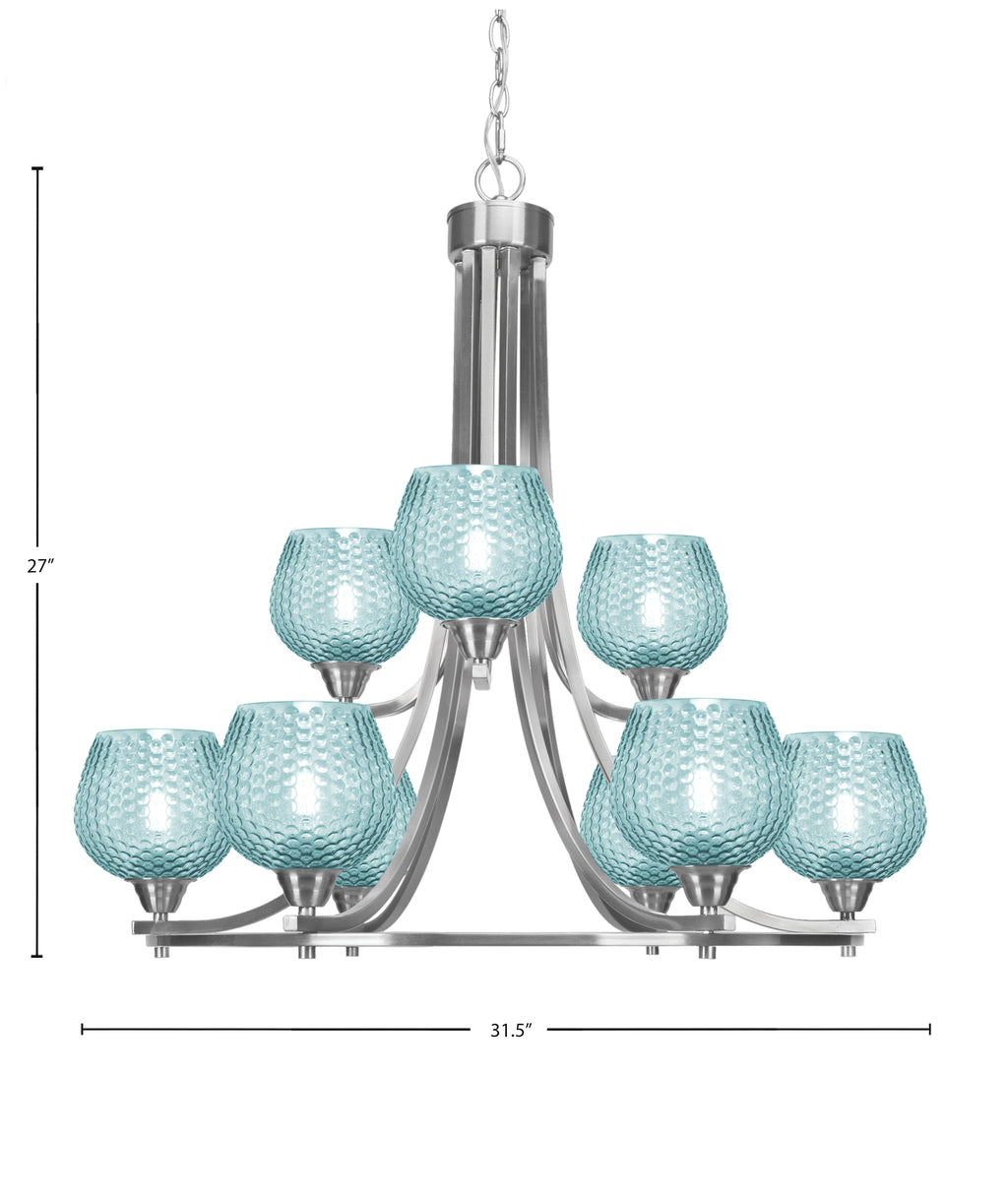 Paramount Nine Light Chandelier in Brushed Nickel with Turquoise Textured Shade